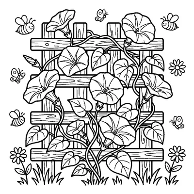 A morning glory vine with funnel-shaped blooms climbing up a garden trellis