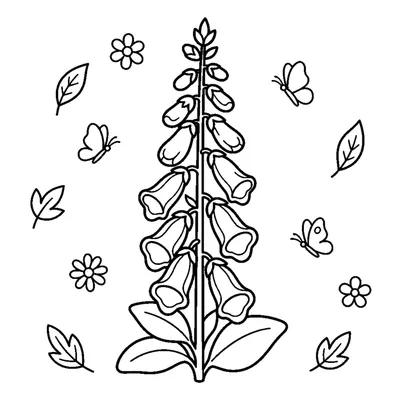 A tall foxglove stem lined with many bell-shaped hanging blossoms from bottom to top
