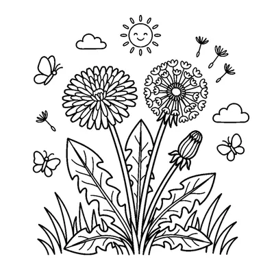 A cluster of three round dandelions, one in bloom and one turned to a fluffy seed puff