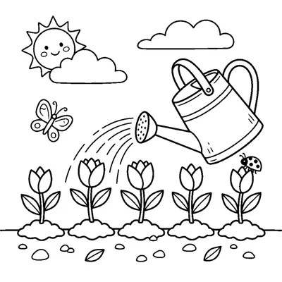 A watering can tipped beside a row of little sprouting flowers in the soil