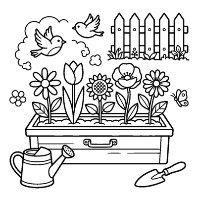 A garden flower box filled with a neat row of different simple blooms and leaves