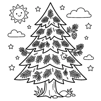 A pointy pine tree with layered branches full of needles and a trunk at the bottom