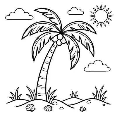 A tall palm tree with long curved fronds and coconuts near the top