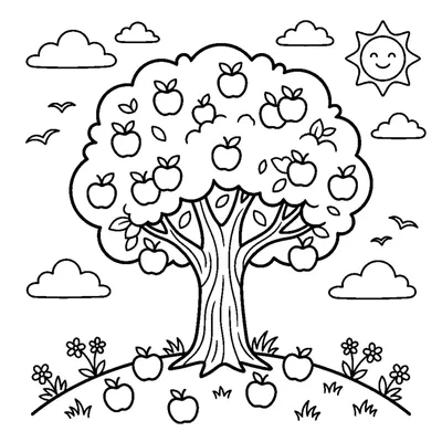 An apple tree covered in round apples with a few apples resting on the ground