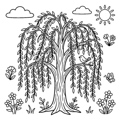 A weeping willow tree with long droopy hanging branches sweeping toward the ground