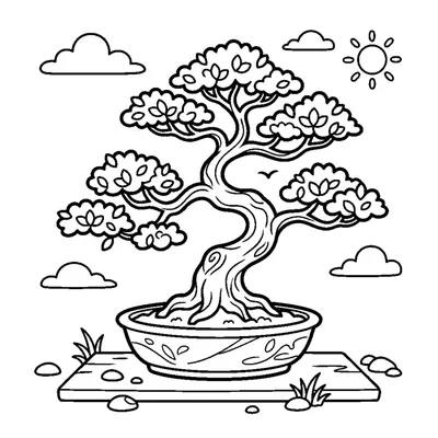 A small bonsai tree with a curvy trunk sitting in a shallow pot