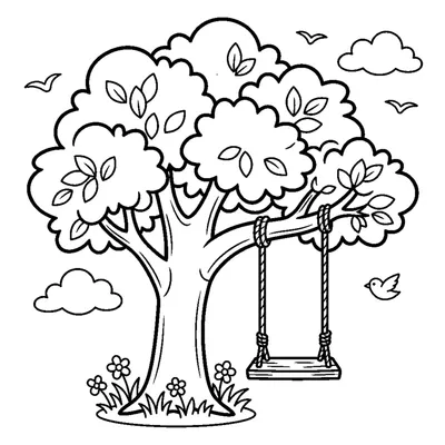 A leafy tree with a rope swing hanging from a thick branch