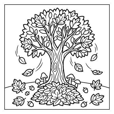 An autumn tree with leaves falling and a pile of leaves at its base