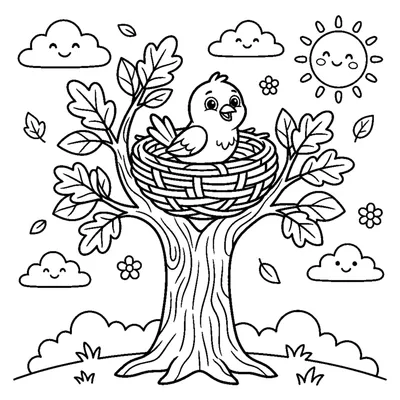 A tree with a round bird nest and a happy bird sitting in the branches