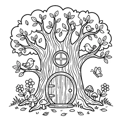 A hollow tree with a little round door and window like a cozy home
