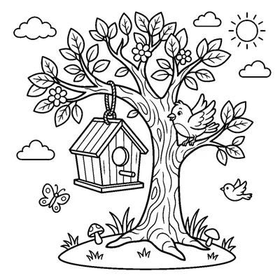 A tree with a wooden birdhouse hanging from a branch and a bird nearby