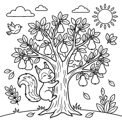 A tree full of ripe pears with a friendly squirrel climbing the trunk