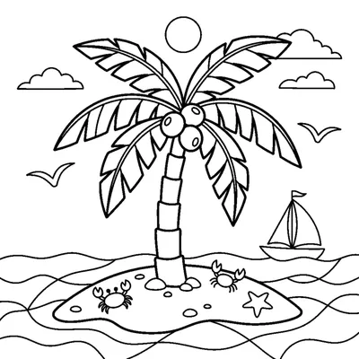 A coconut palm on a small sandy island with gentle waves around it