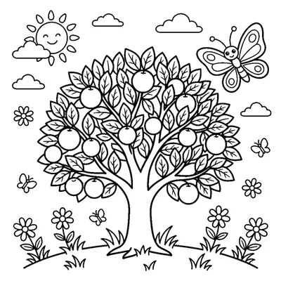 A tree bursting with round oranges and a butterfly fluttering beside it