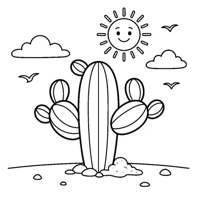 A cactus-like desert tree with round arms and a smiling sun above