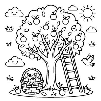 A tree with a wooden ladder leaning against it and a basket of picked fruit