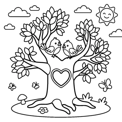 A tree with a heart-shaped hollow and two little birds perched together
