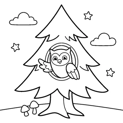 A pine tree with a cheerful owl peeking out from a hole in the trunk