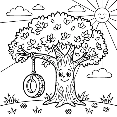 A tree with a tire swing hanging from a low branch and grass below