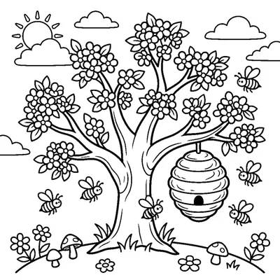 A blossoming tree with a beehive hanging from a branch and buzzing bees