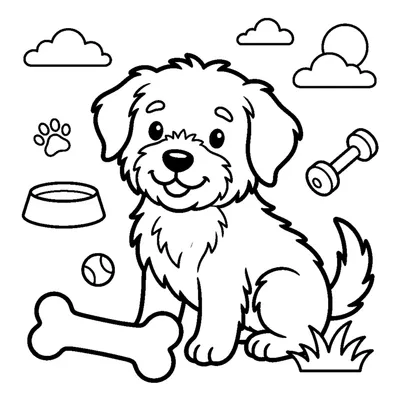 A fluffy puppy sitting next to a big bone
