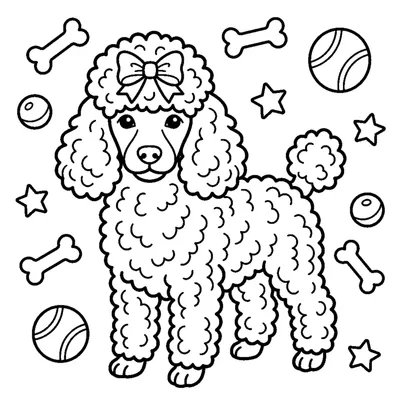 A curly-haired poodle with a fancy bow on its head