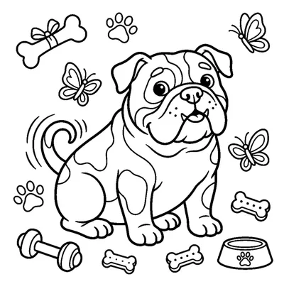 A chubby bulldog sitting with a wagging tail