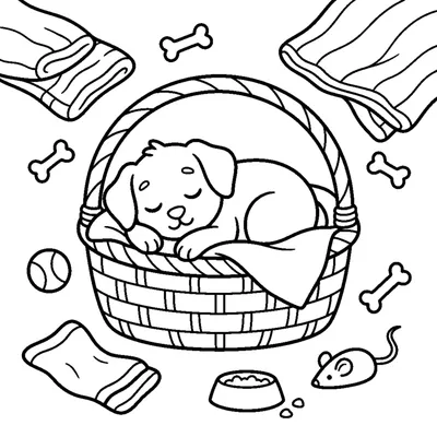 A sleepy puppy curled up inside a cozy basket