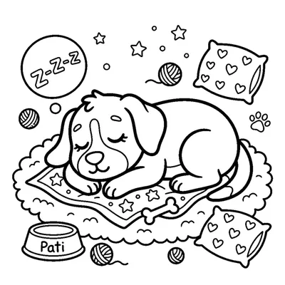 A dog lying down asleep with closed eyes and a snore bubble