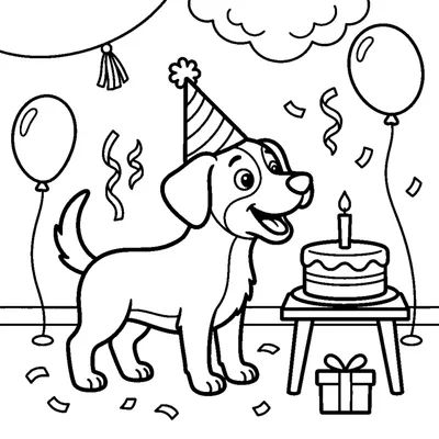A dog wearing a party hat beside a small cake