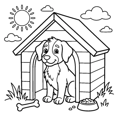 A dog sitting inside a wooden doghouse