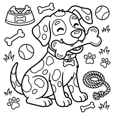 A spotted dog chewing on a squeaky toy