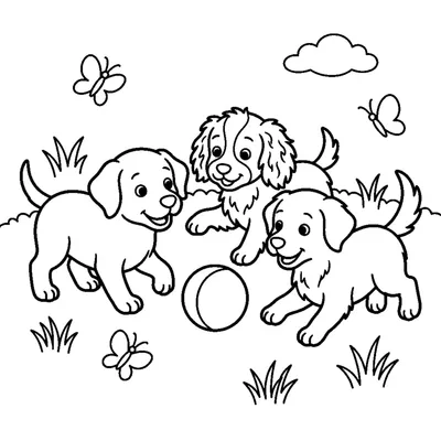 A group of three puppies playing together with a ball