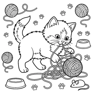 A fluffy kitten playing with a tangled ball of yarn