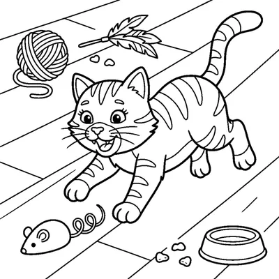 A cat chasing a small toy mouse across the floor