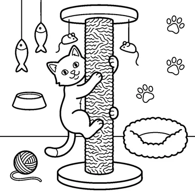 A cat climbing up a tall carpeted scratching post