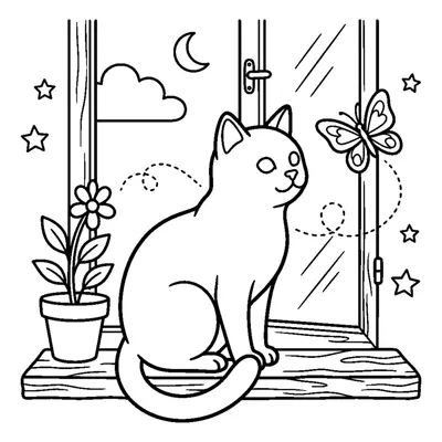 A cat perched on a windowsill watching a butterfly