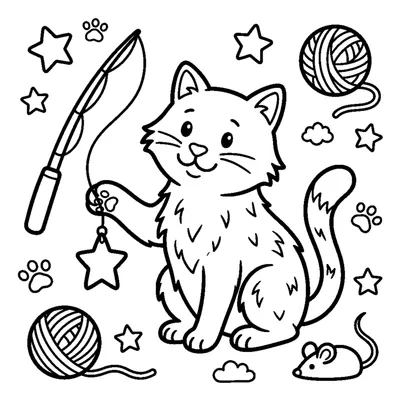 A cat pawing at a toy fishing rod with a dangling star