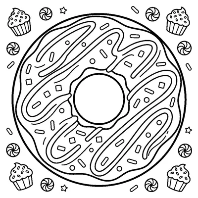 A ring donut with drizzled icing and sprinkles scattered across it