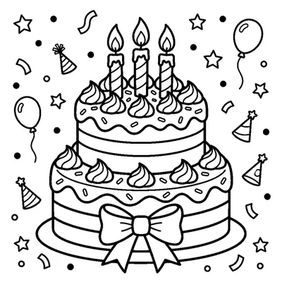 A tall birthday cake with three candles and a bow around the base