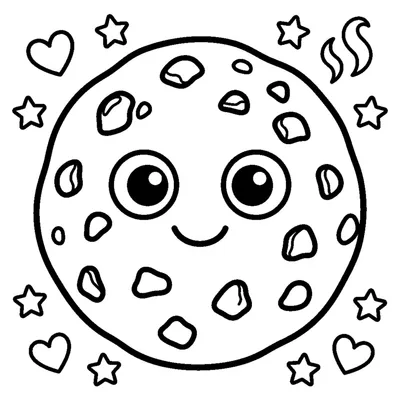 A smiling round cookie with chocolate chip dots