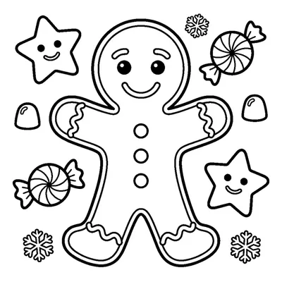 A gingerbread person with a happy face and button decorations