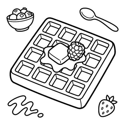 A square waffle topped with a pat of butter and a berry