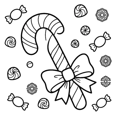 A candy cane with curved stripes leaning against a small bow
