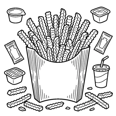 A tall paper carton overflowing with crinkle-cut french fries