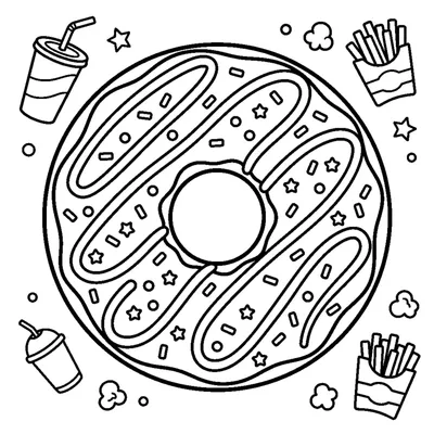 A round doughnut with drizzled frosting and tiny sprinkles