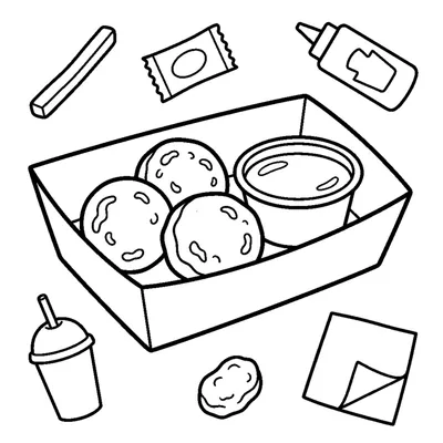 A paper tray holding three round chicken nuggets and a dipping cup
