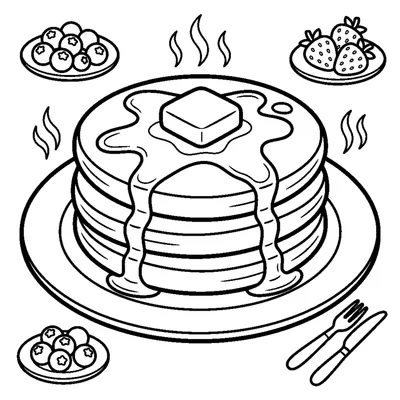 A stack of three fluffy pancakes with a pat of butter and a drizzle of syrup
