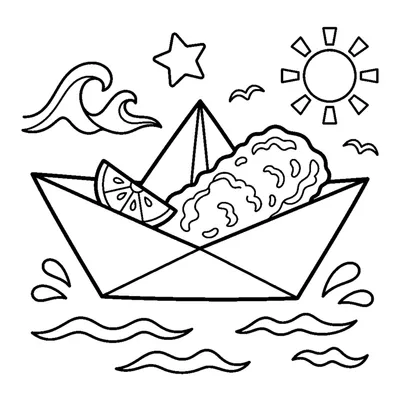 A paper boat holding a battered fish fillet and a wedge of lemon