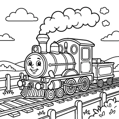 A cute steam locomotive puffing round clouds from its chimney as it rolls along the tracks
